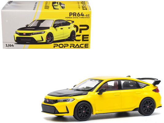 Honda Civic Type R FL5 Yellow with Carbon Hood 1/64 Diecast Model Car by Pop Race