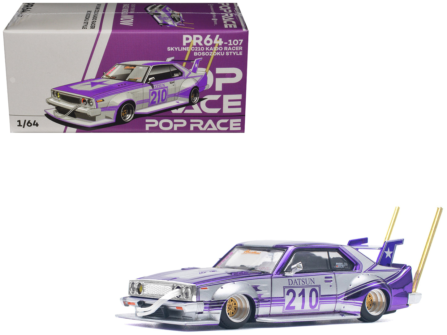 Skyline C210 Kaido Racer "Bosozoku Style" RHD (Right Hand Drive) #210 Purple and Silver 1/64 Diecast Model Car by Pop Race