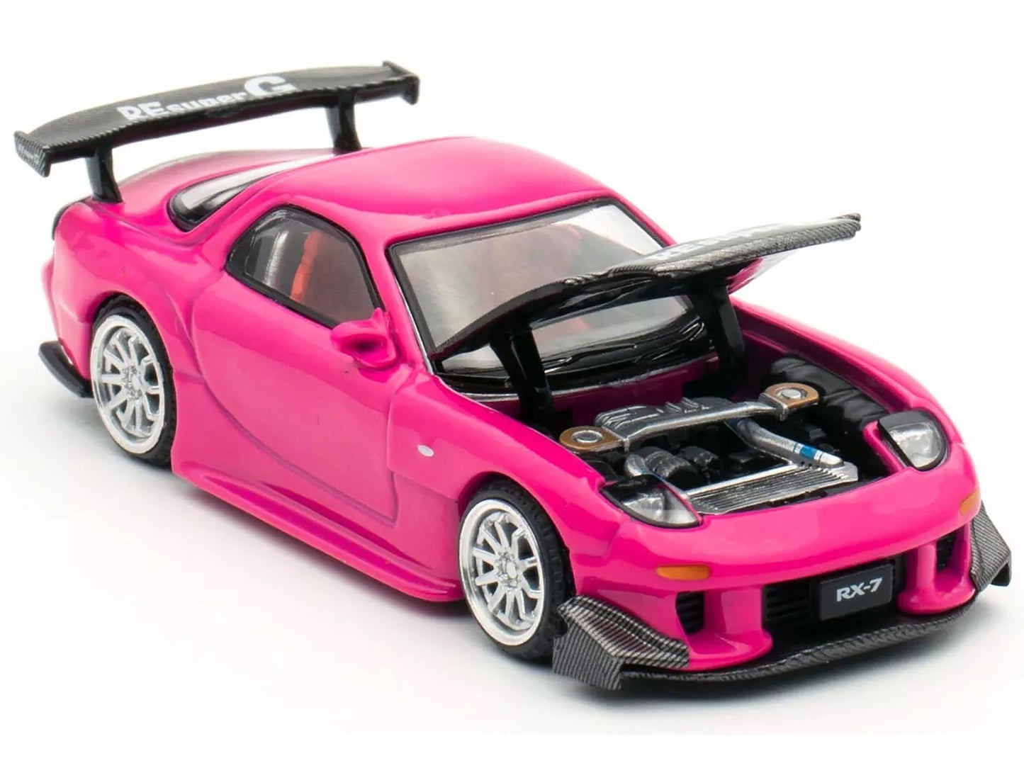 Mazda RX-7 Widebody RHD (Right Hand Drive) Pink with Carbon Hood "Indonesia Diecast Expo 2024 Exclusive" 1/64 Diecast Model Car by Pop Race