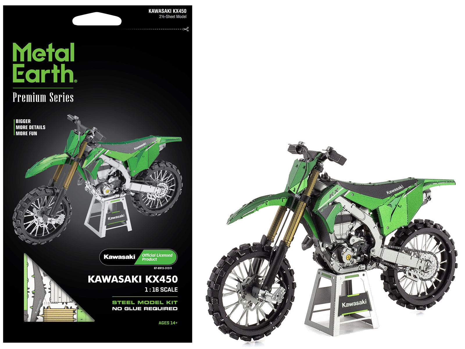 Model Kit Kawasaki KX450 Off-Road Motorcycle Green (Challenging Difficulty) Steel Model by Metal Earth