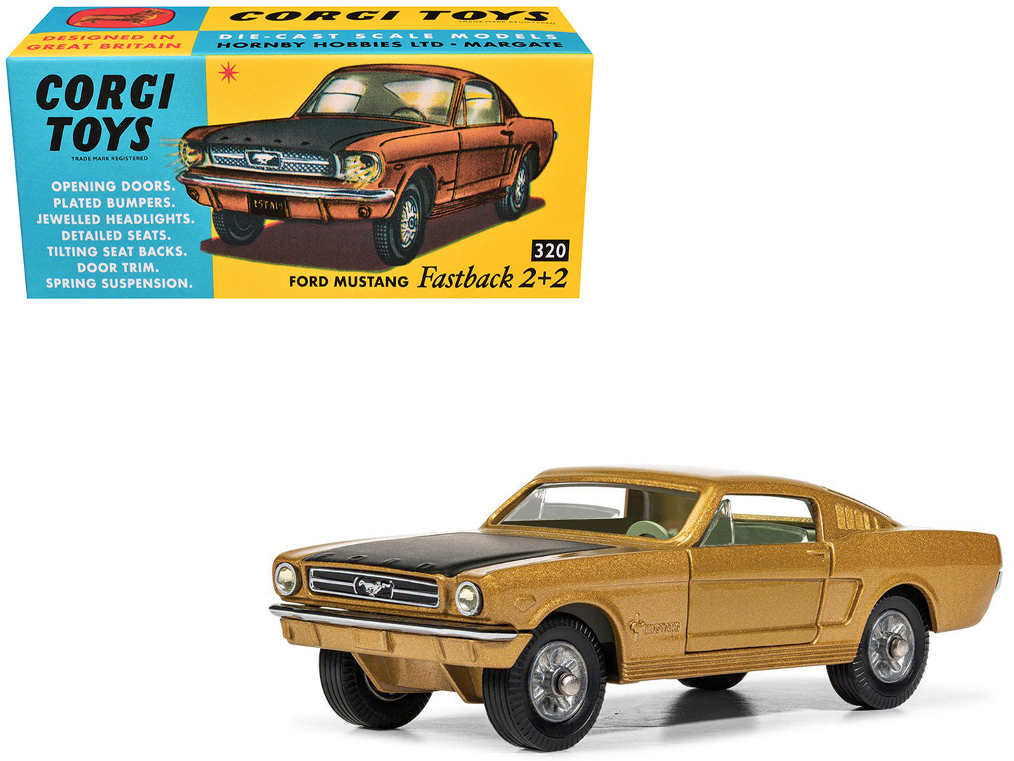 Ford Mustang Fastback 2+2 Gold Metallic and Black Diecast Model Car by Corgi