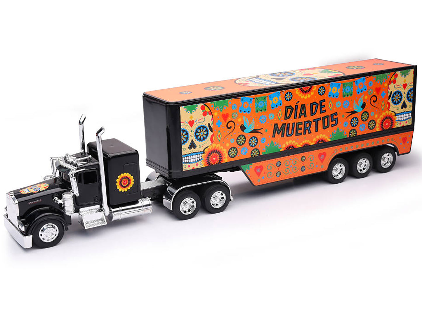 Kenworth W900 Truck Black with Graphics and Dry Van Trailer "Dia De Muertos" 1/32 Diecast Model by New Ray