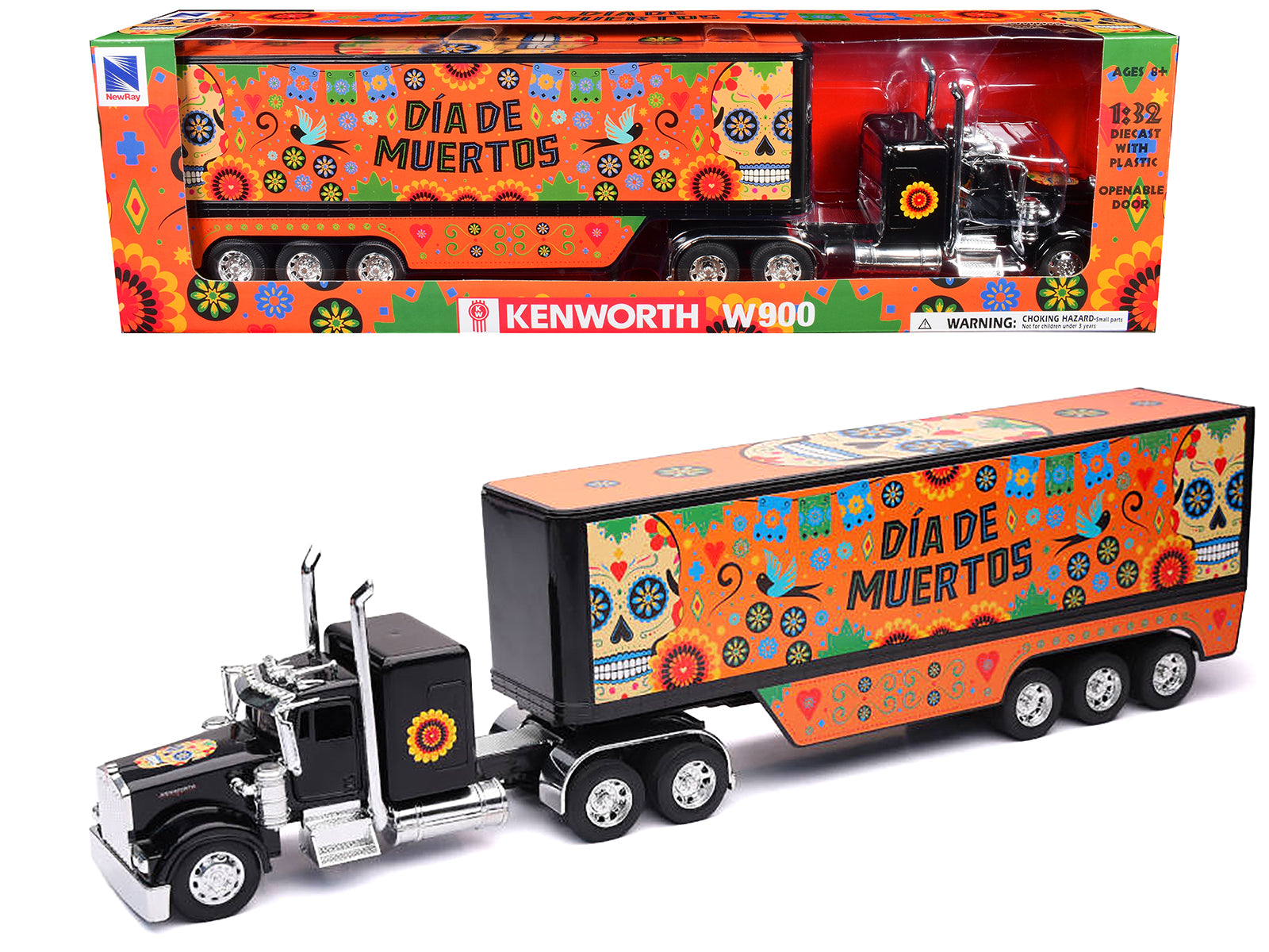 Kenworth W900 Truck Black with Graphics and Dry Van Trailer "Dia De Muertos" 1/32 Diecast Model by New Ray