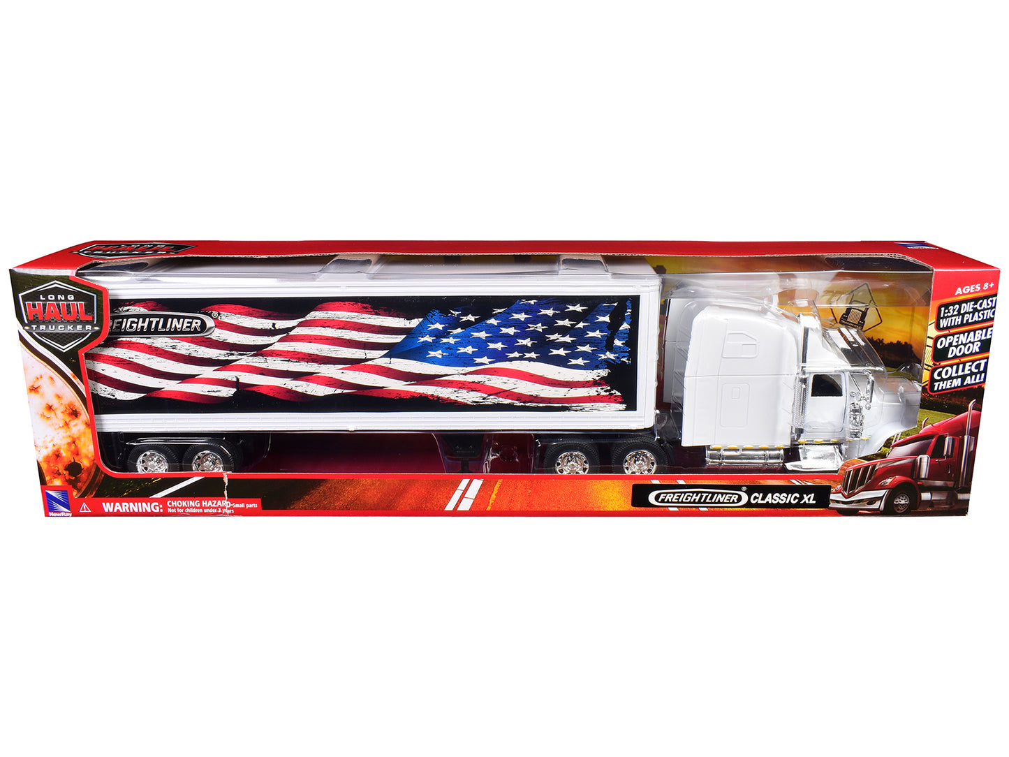 Freightliner Classic XL Truck White with Dry Van Trailer White with Patriotic Graphic "Long Haul Truckers" Series 1/32 Diecast Model by New Ray