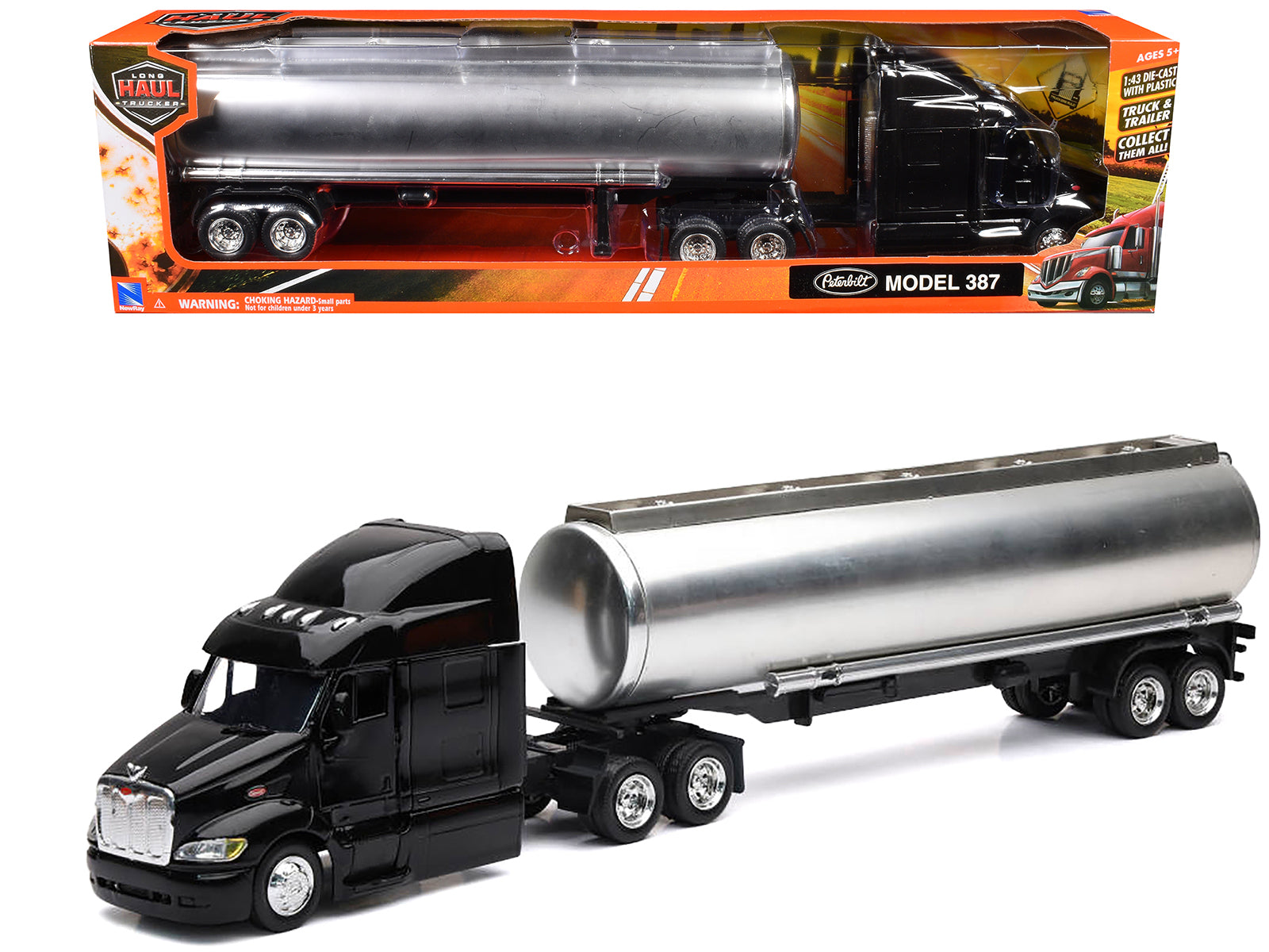 Peterbilt 387 Truck Black with Tanker Trailer Silver "Long Haul Truckers" Series 1/43 Diecast Model by New Ray