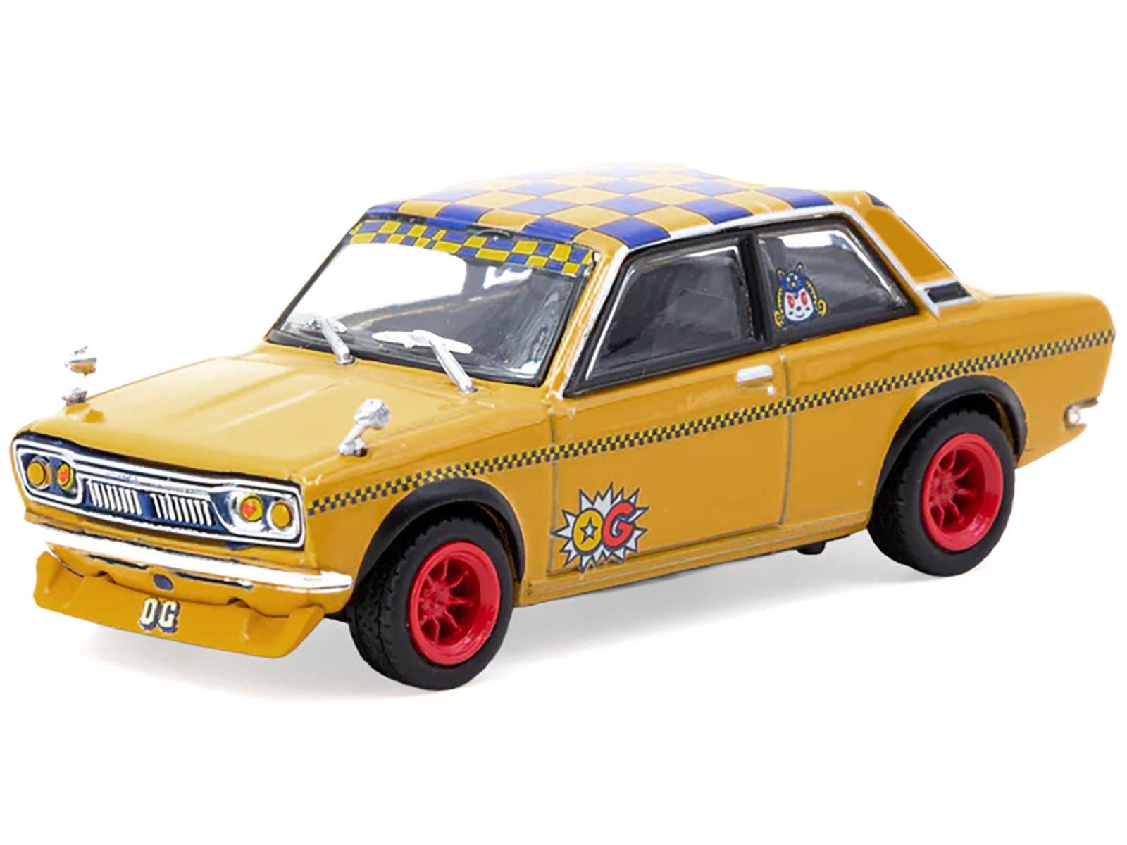 Datsun 510 "OG Beer" Yellow with Checkered Top "Hobby64" Series 1/64 Diecast Model Car by Tarmac Works