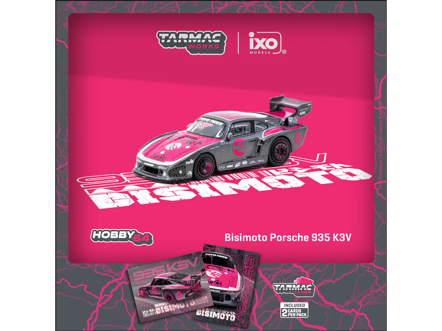 Porsche 935 K3V Bisimoto Gray Metallic with Pink Hood and Top with Tarmac Cards "Hobby64" Series 1/64 Diecast Model by Tarmac Works
