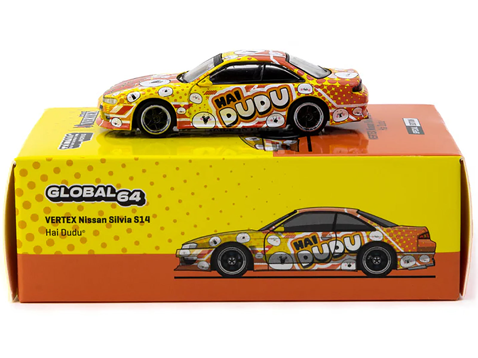 Nissan Silvia (S14) Vertex RHD (Right Hand Drive) "Hai Dudu - IMX Special Edition" Yellow and Orange with Graphics "Global64" Series 1/64 Diecast Model by Tarmac Works