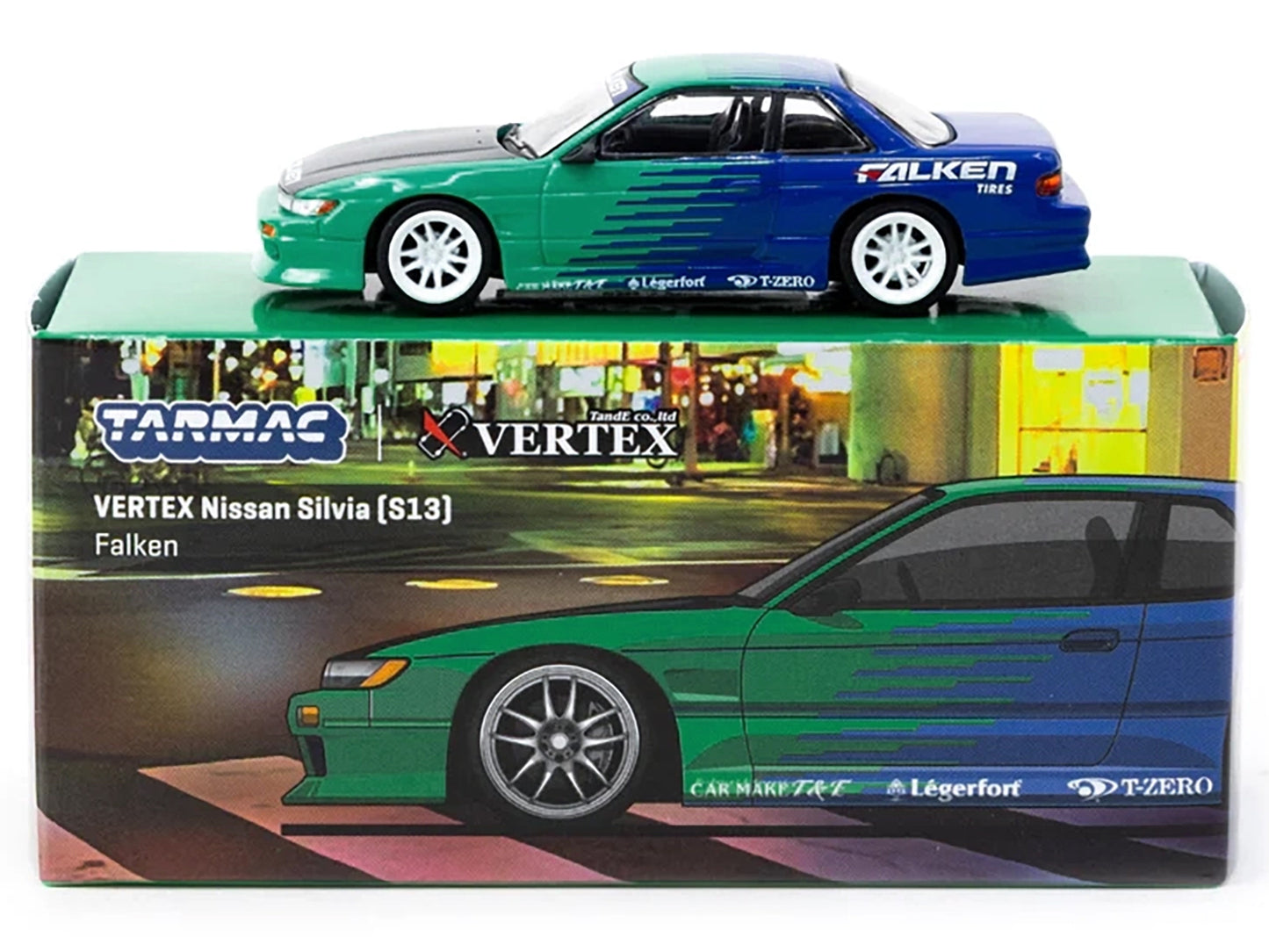 Nissan Silvia (S13) Vertex RHD (Right Hand Drive) "Falken Tires" Green and Blue wuth Carbon Hood "Global64" Series 1/64 Diecast Model by Tarmac Works