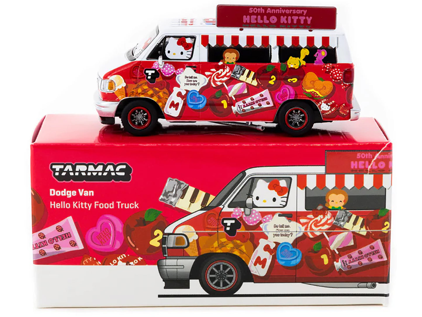 Dodge Van "Hello Kitty Food Truck" White and Red with Graphics "Global64" Series 1/64 Diecast Model by Tarmac Works