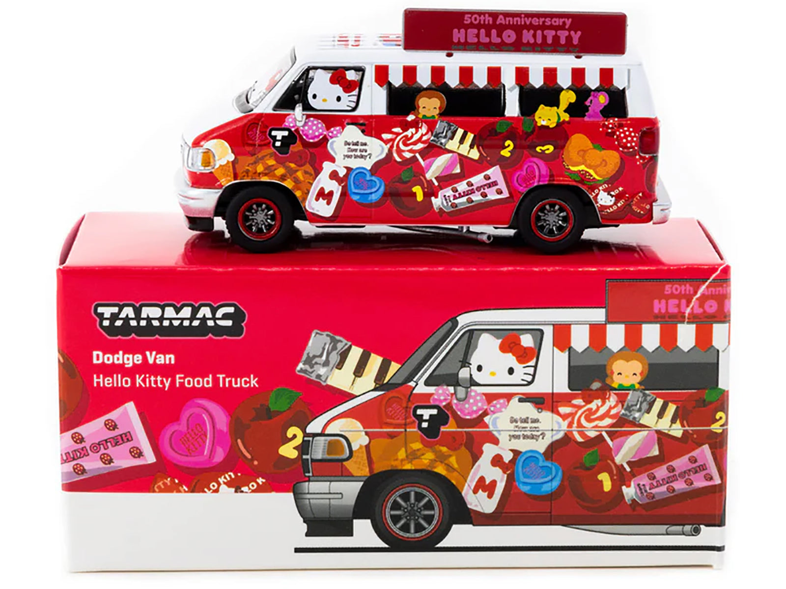 Dodge Van "Hello Kitty Food Truck" White and Red with Graphics "Global64" Series 1/64 Diecast Model by Tarmac Works