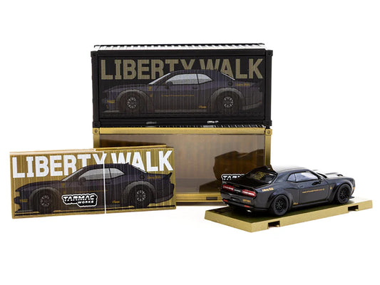 Dodge Challenger SRT Hellcat "LB-WORKS - Liberty Walk" Black Metallic with Shipping Container Display Case "Global64" Series 1/64 Diecast Model Car by Tarmac Works