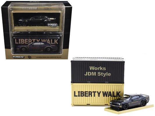 Dodge Challenger SRT Hellcat "LB-WORKS - Liberty Walk" Black Metallic with Shipping Container Display Case "Global64" Series 1/64 Diecast Model Car by Tarmac Works