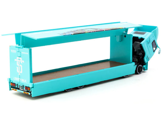 Mitsubishi Fuso Truck with Transporter "Liberty Walk - Suzuki Transport" Light Blue with Graphics "Truck64" Series 1/64 Diecast Model Car by Tarmac Works