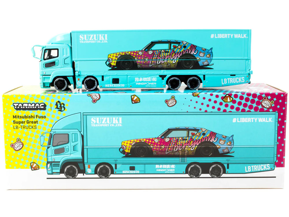Mitsubishi Fuso Truck with Transporter "Liberty Walk - Suzuki Transport" Light Blue with Graphics "Truck64" Series 1/64 Diecast Model Car by Tarmac Works