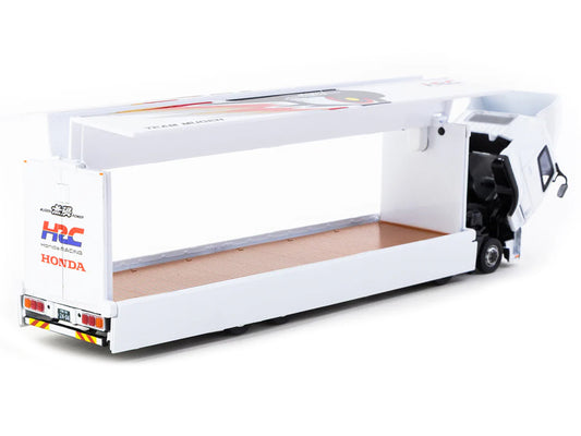 Mitsubishi Fuso Truck with Transporter "Team MUGEN - HRC" White with Graphics "Truck64" Series 1/64 Diecast Model Car by Tarmac Works