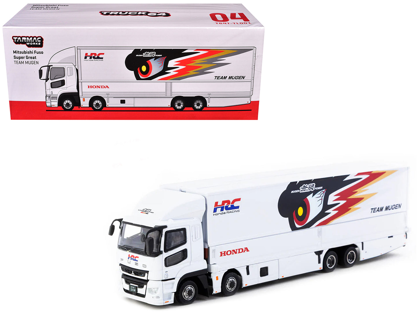 Mitsubishi Fuso Truck with Transporter "Team MUGEN - HRC" White with Graphics "Truck64" Series 1/64 Diecast Model Car by Tarmac Works