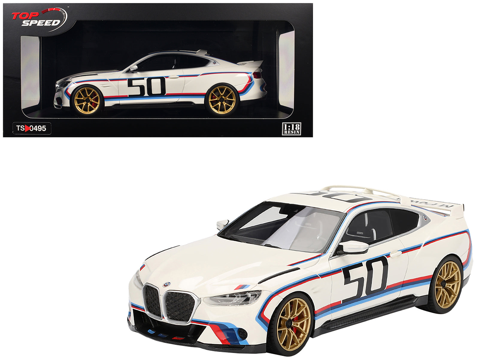 BMW M4 3.0 CSL #50 White with Blue and Red Stripes 1/18 Model Car by Top Speed