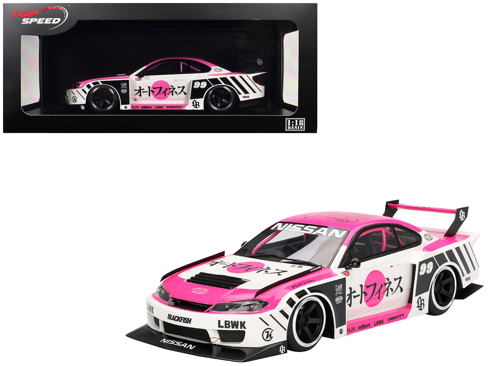 Nissan "LB-Super Silhouette" S15 SILVIA RHD (Right Hand Drive) #99 "Auto Finesse - SEMA 2023" White and Pink 1/18 Model Car by Top Speed