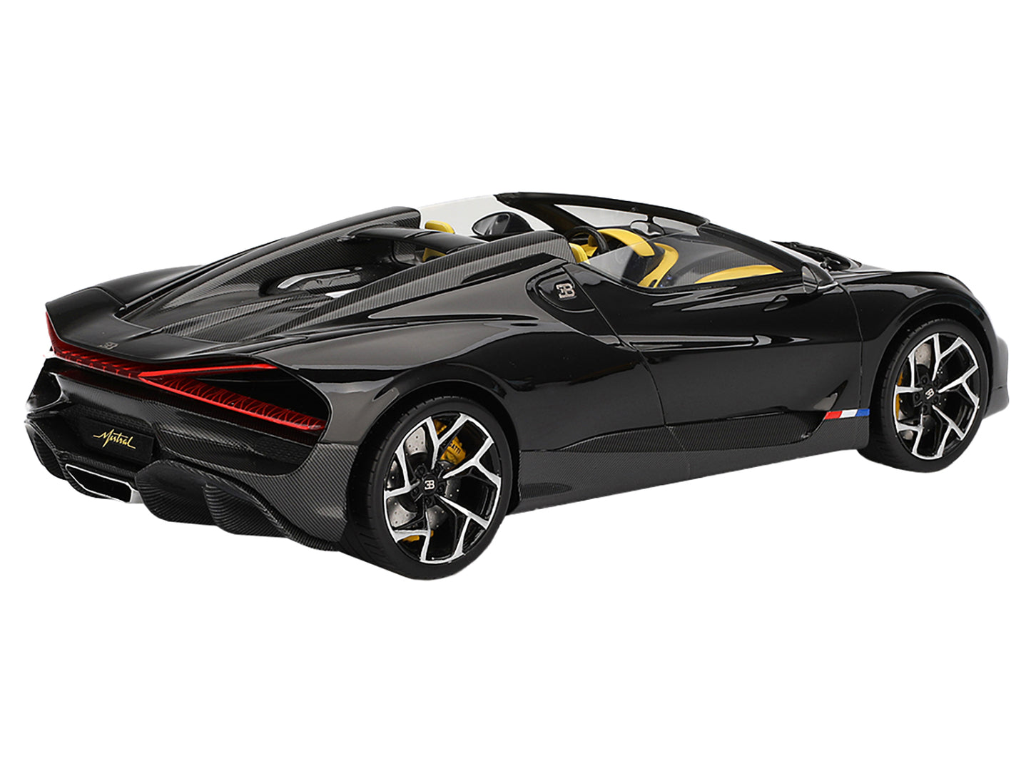 Bugatti W16 Mistral Black with Yellow Interior 1/18 Model Car by Top Speed
