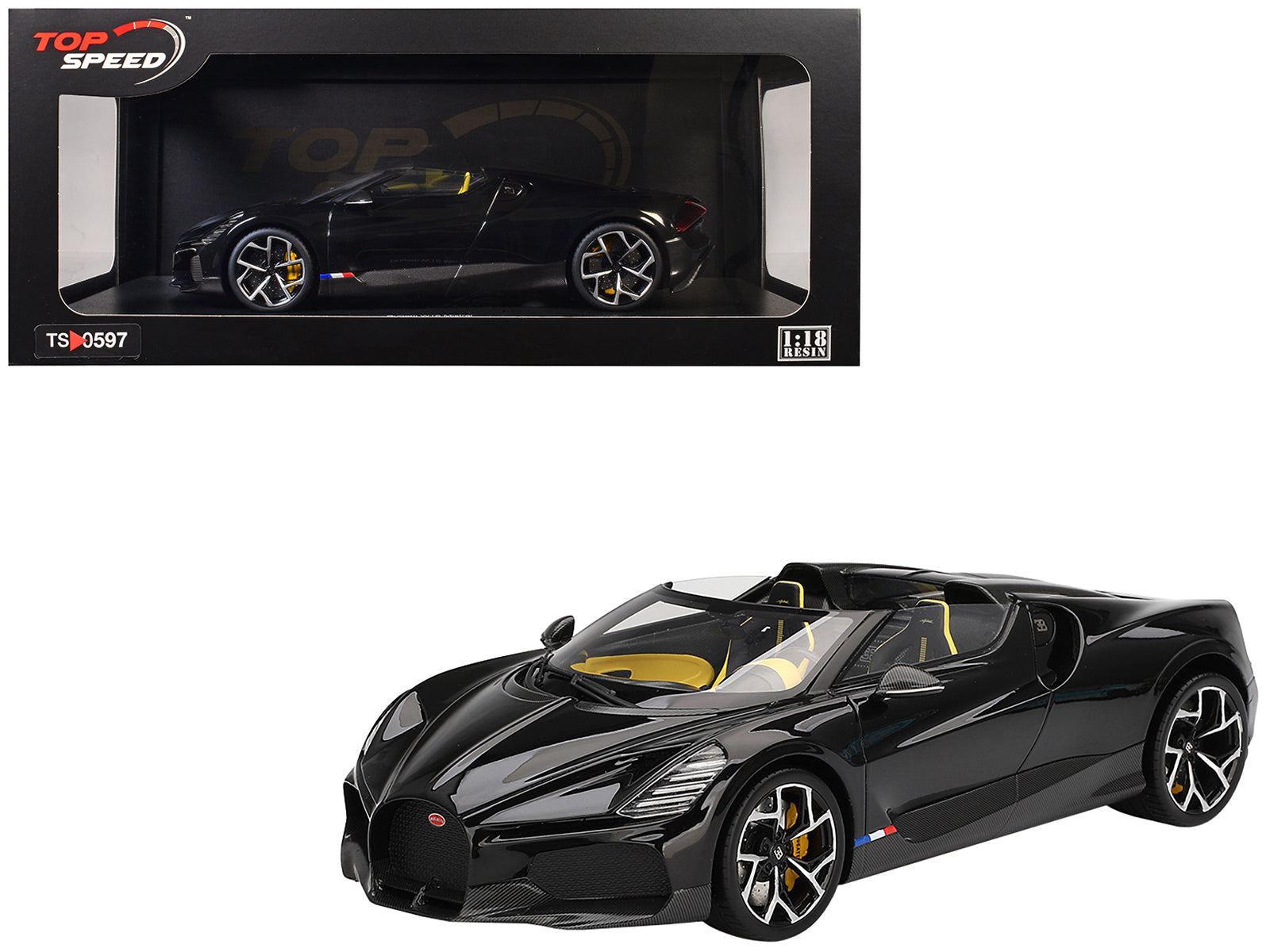 Bugatti W16 Mistral Black with Yellow Interior 1/18 Model Car by Top Speed