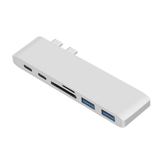 6-in-1 Dual Male Type-C Port to 2 Female Type-C Ports + for SD/TF Card Reader + 2 USB 3.0 Ports Hub Adapter