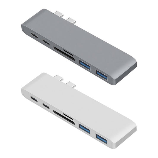 6-in-1 Dual Male Type-C Port to 2 Female Type-C Ports + for SD/TF Card Reader + 2 USB 3.0 Ports Hub Adapter
