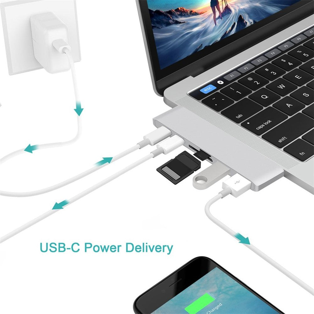 6-in-1 Dual Male Type-C Port to 2 Female Type-C Ports + for SD/TF Card Reader + 2 USB 3.0 Ports Hub Adapter