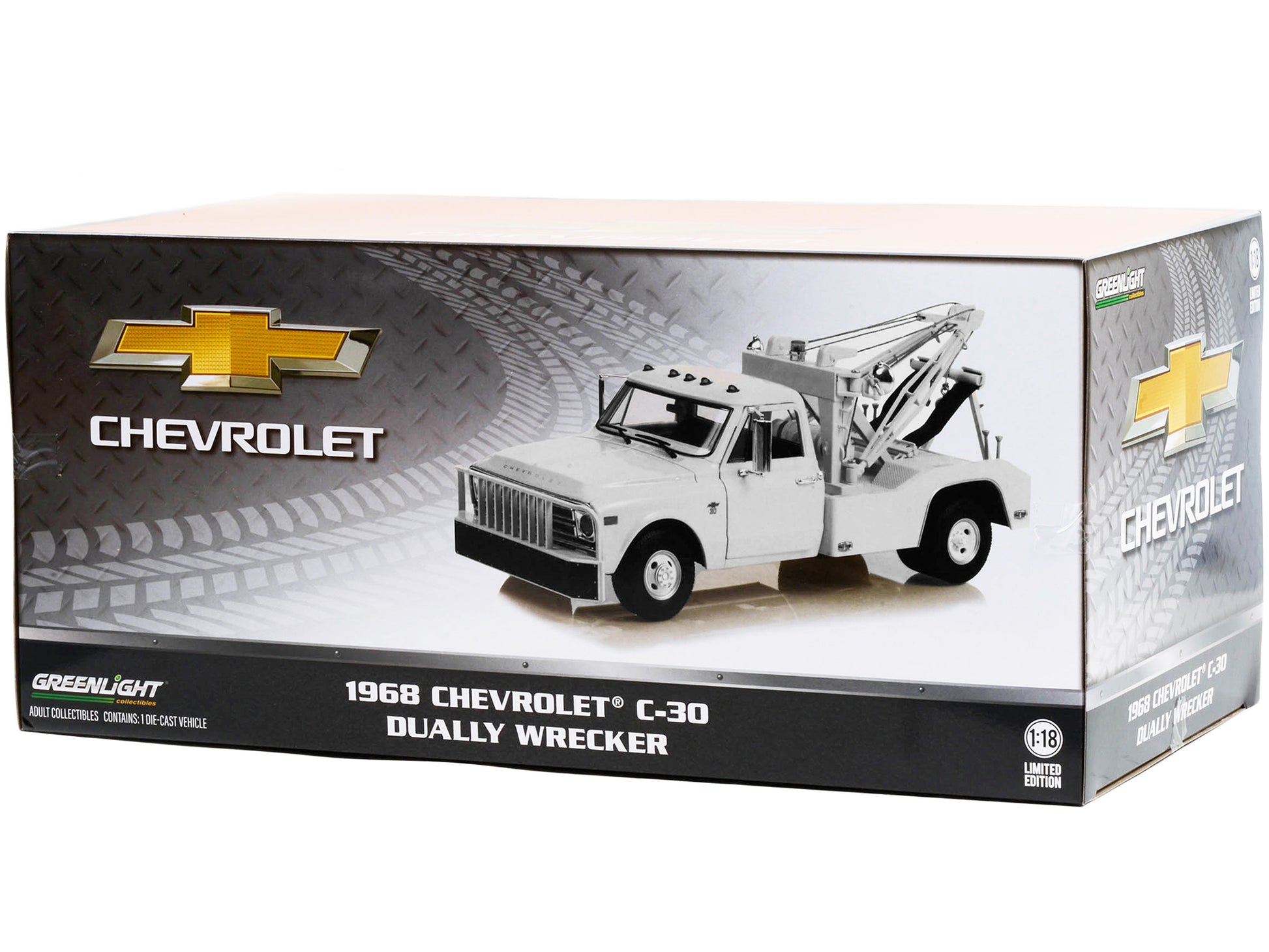 1968 Chevrolet C-30 Dually Wrecker Tow Truck White 1/18 Diecast Car Model by Greenlight