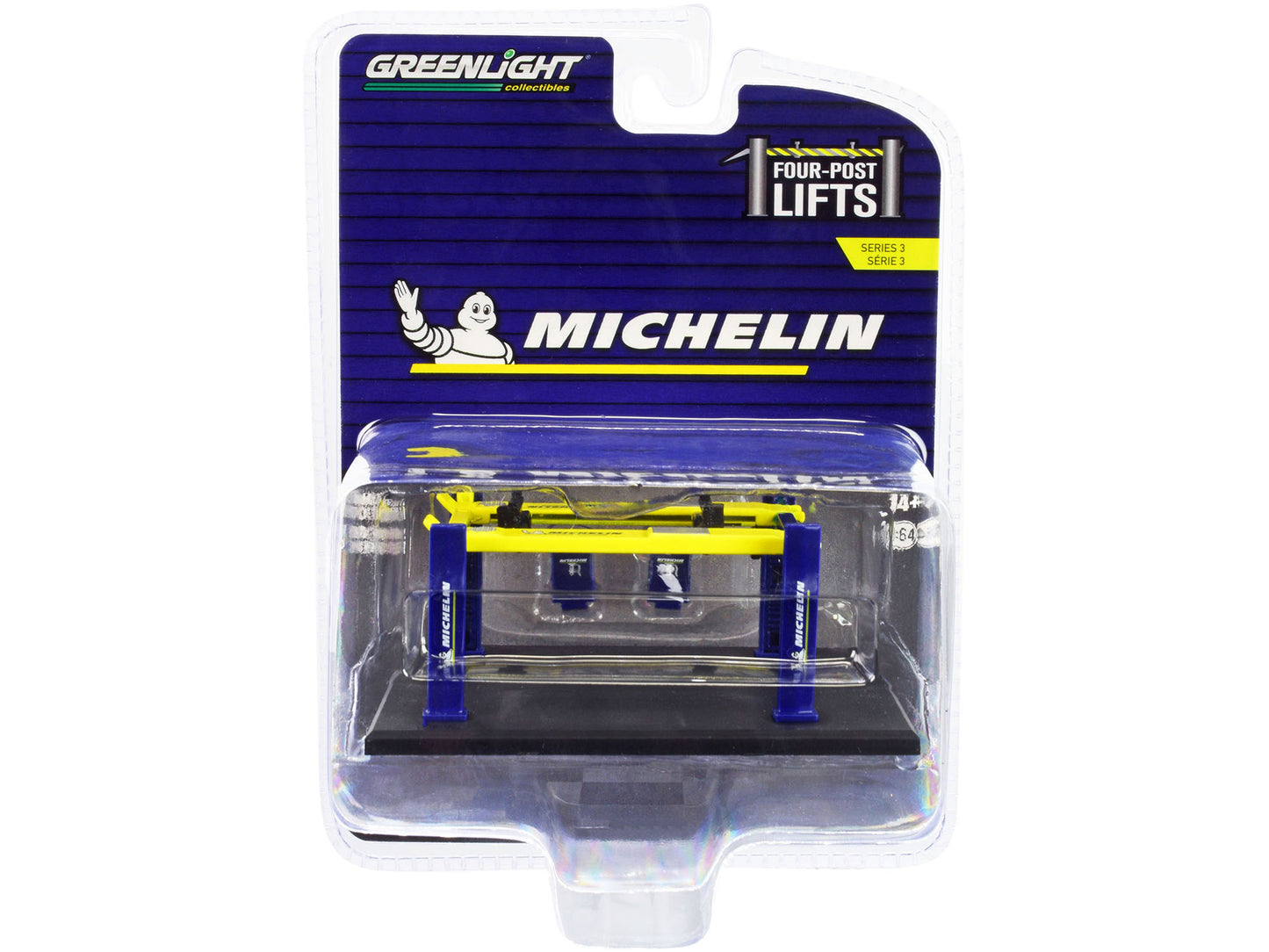 Adjustable Four-Post Lift "Michelin" Blue and Bright Yellow "Four-Post Lifts" Series 3 1/64 Diecast Model by Greenlight