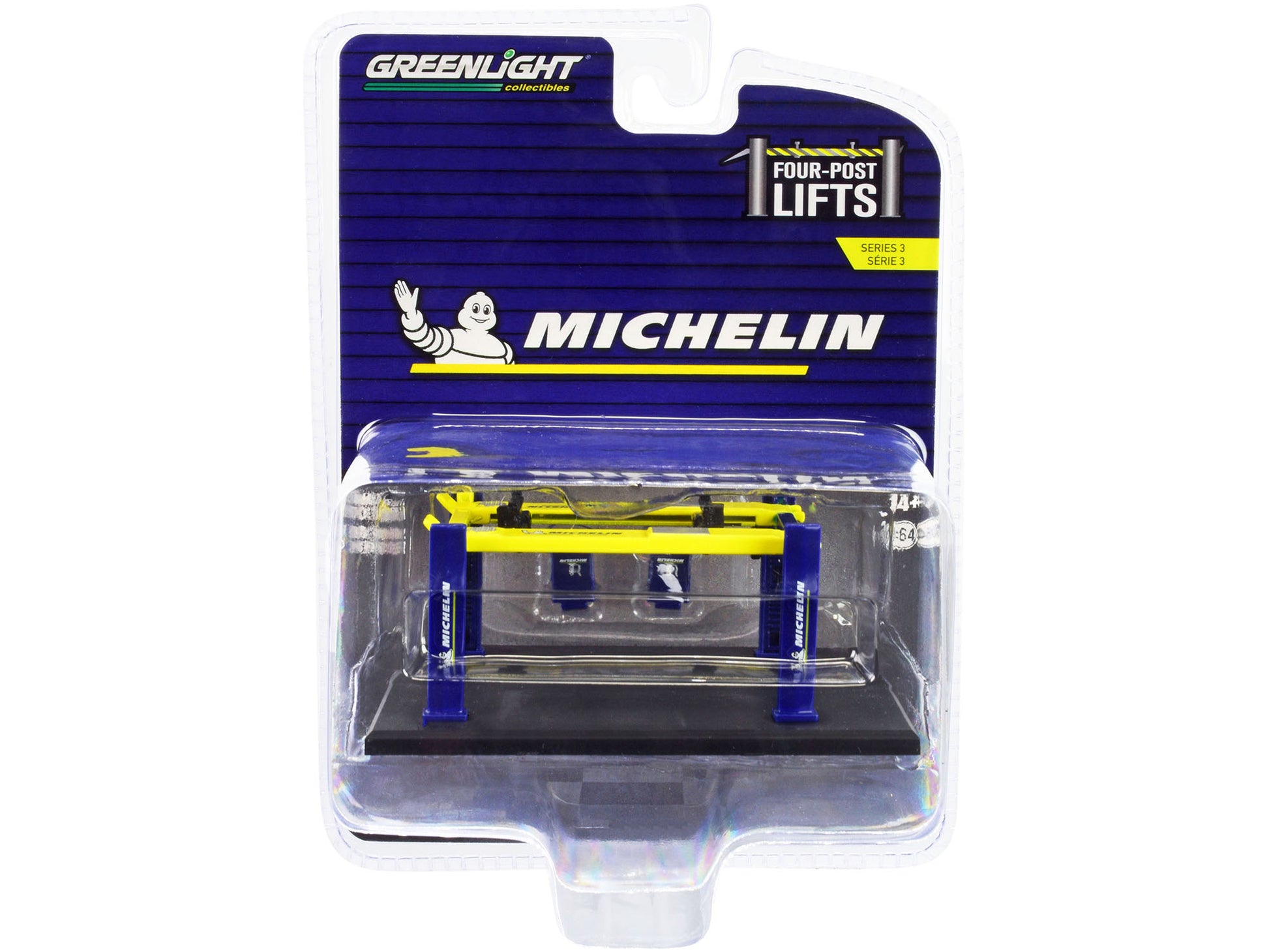 Adjustable Four-Post Lift "Michelin" Blue and Bright Yellow "Four-Post Lifts" Series 3 1/64 Diecast Model by Greenlight