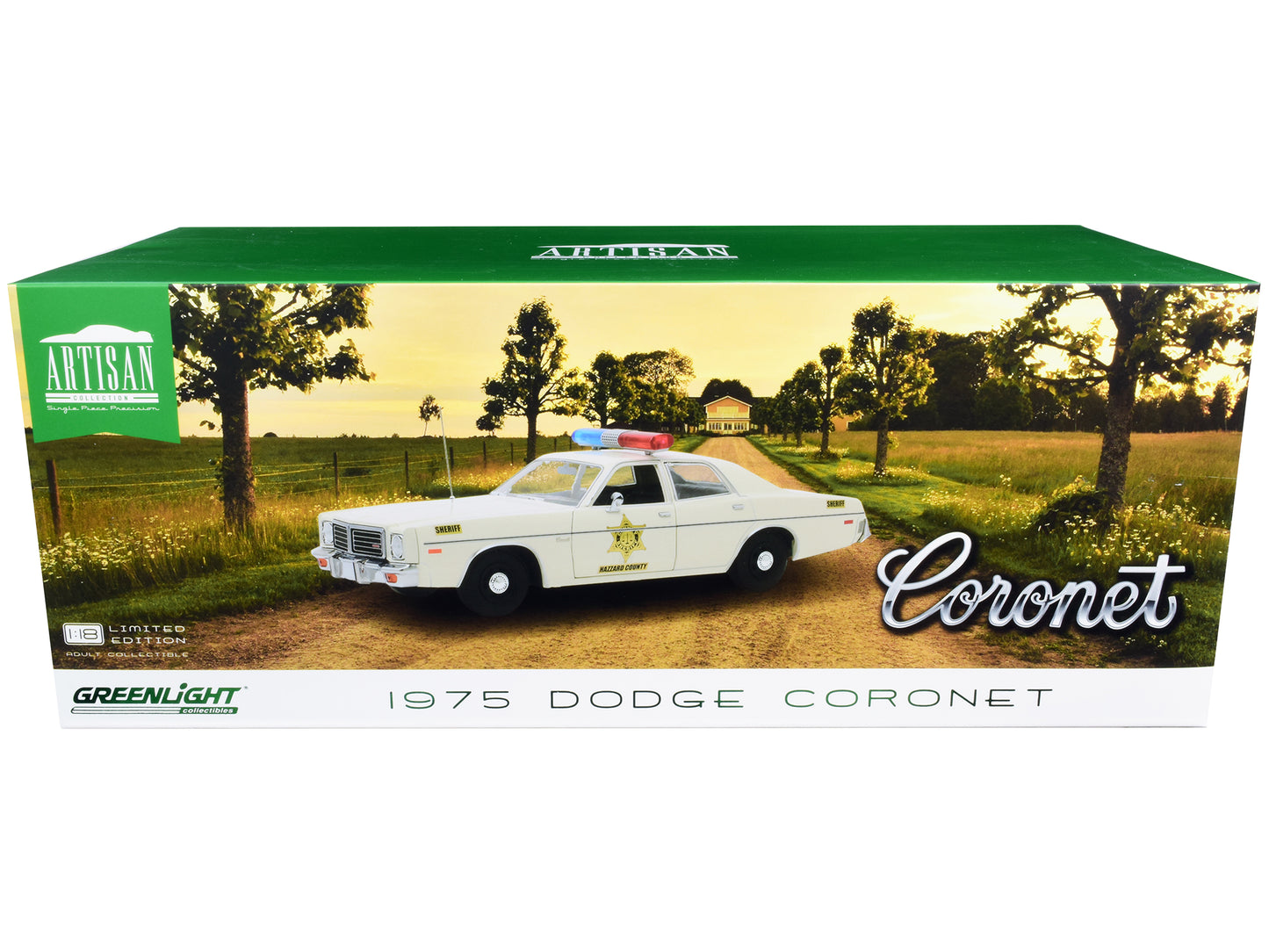 1975 Dodge Coronet Cream "Hazzard County Sheriff" 1/18 Diecast Model Car by Greenlight