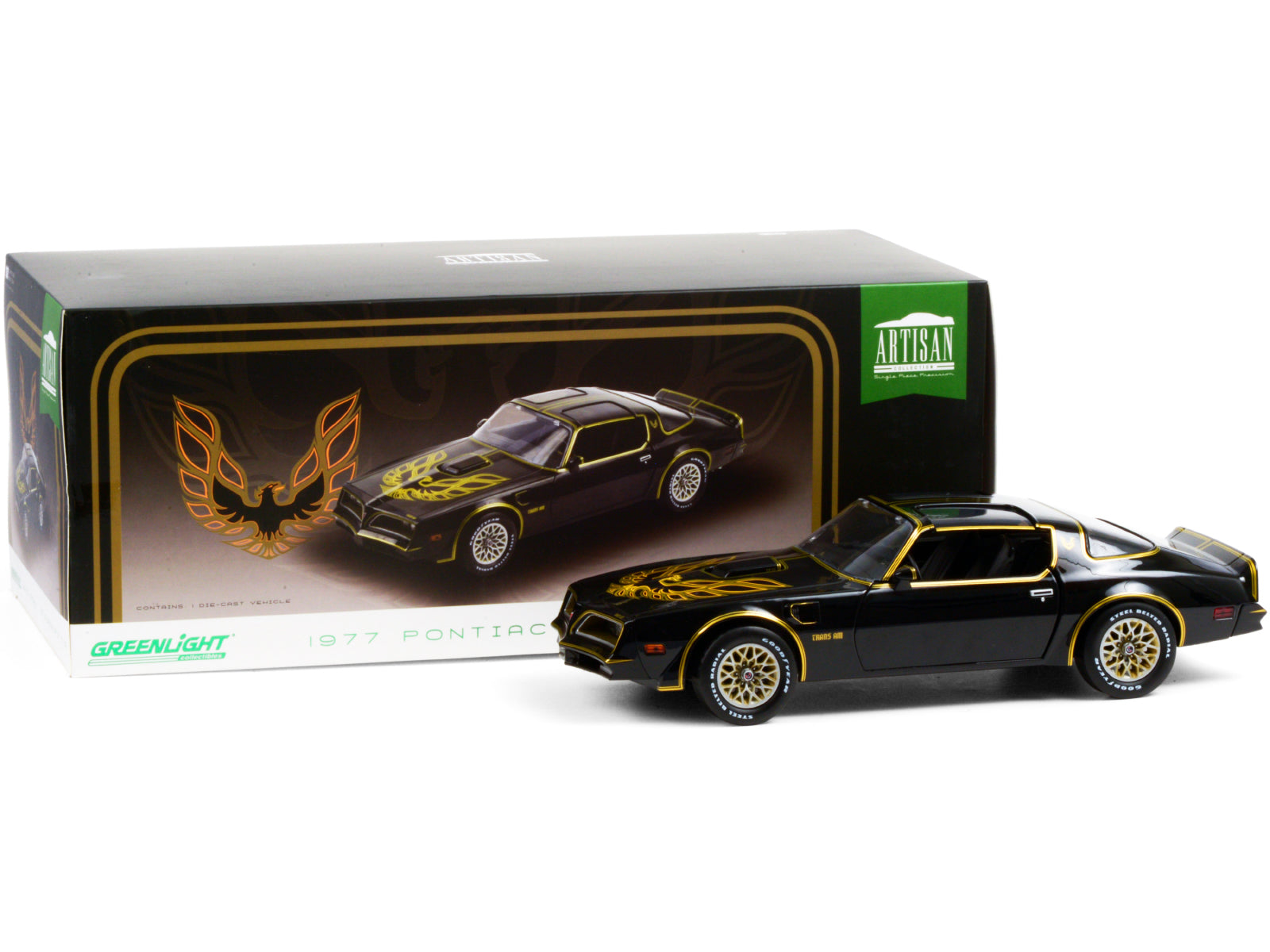 1977 Pontiac Firebird T/A Trans Am Starlite Black with Golden Eagle Hood Bird 1/18 Diecast Model Car by Greenlight