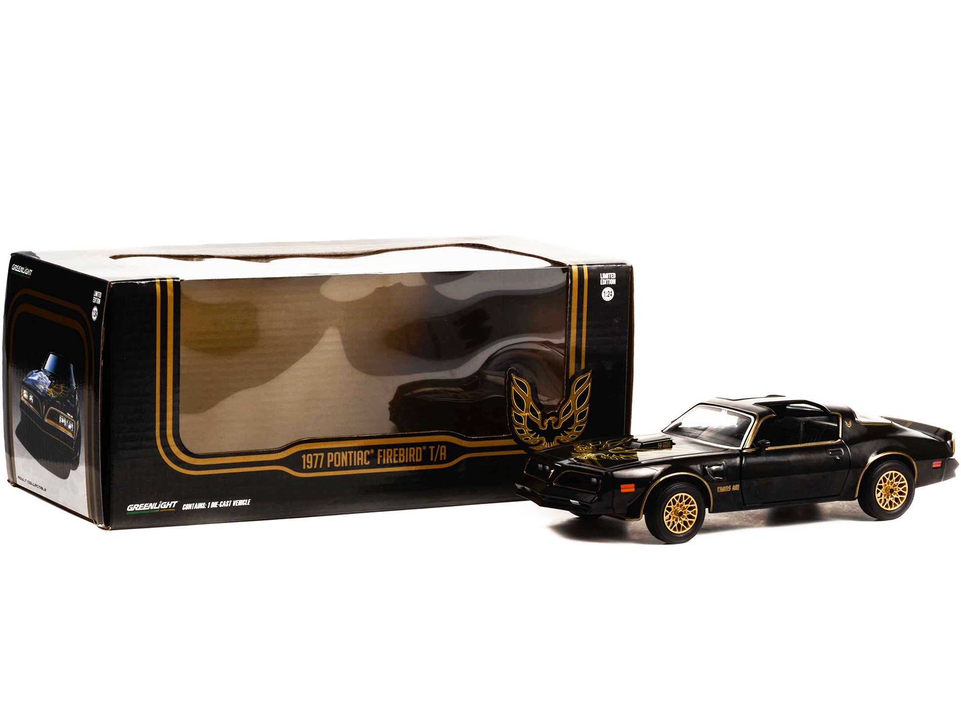 1977 Pontiac Firebird Trans Am T/A Starlite Black with Golden Eagle Hood and Stripes 1/24 Diecast Model Car by Greenlight