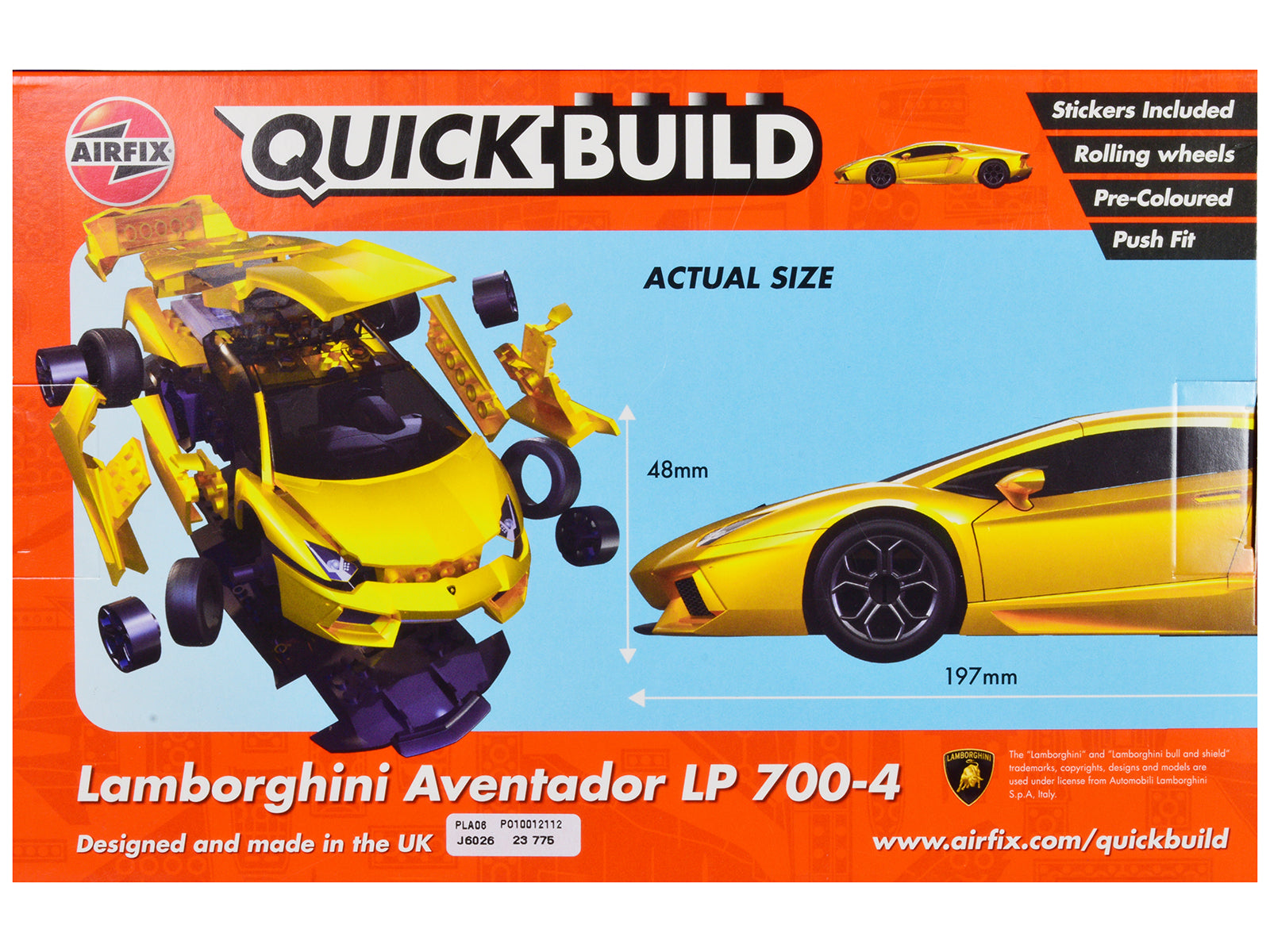 Skill 1 Model Kit Lamborghini Aventador LP 700-4 Yellow Snap Together Painted Plastic Model Car Kit by Airfix Quickbuild