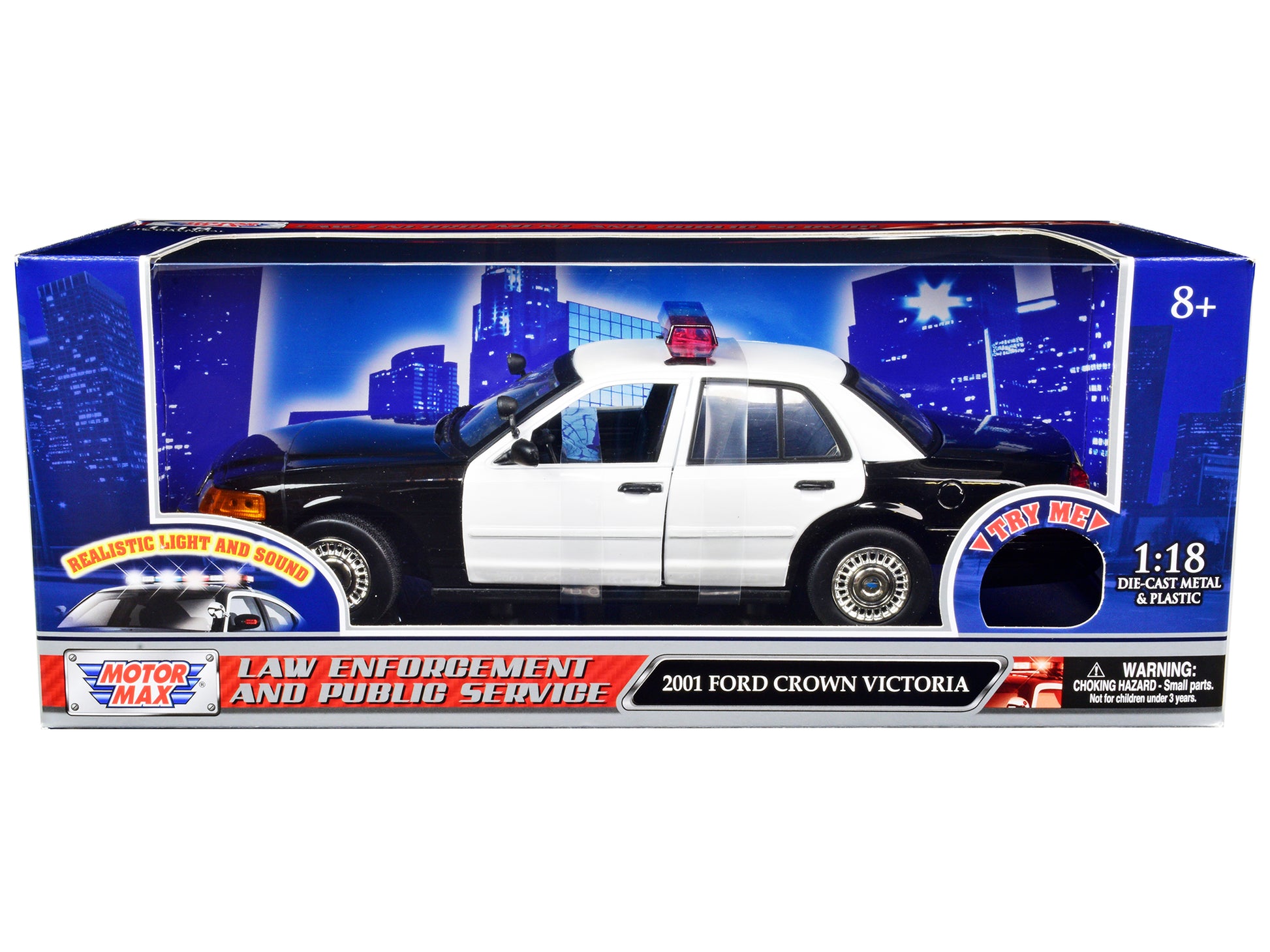 2001 Ford Crown Victoria Police Car Plain Black & White with Flashing Light Bar & Front and Rear Lights and Sound 1/18 Diecast Model Car by Motormax