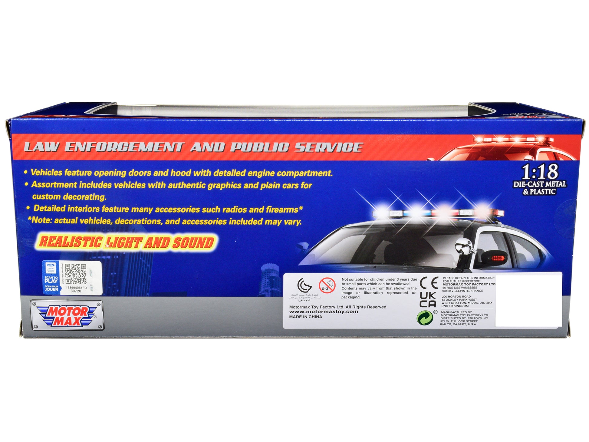 2001 Ford Crown Victoria Police Car Plain Black & White with Flashing Light Bar & Front and Rear Lights and Sound 1/18 Diecast Model Car by Motormax