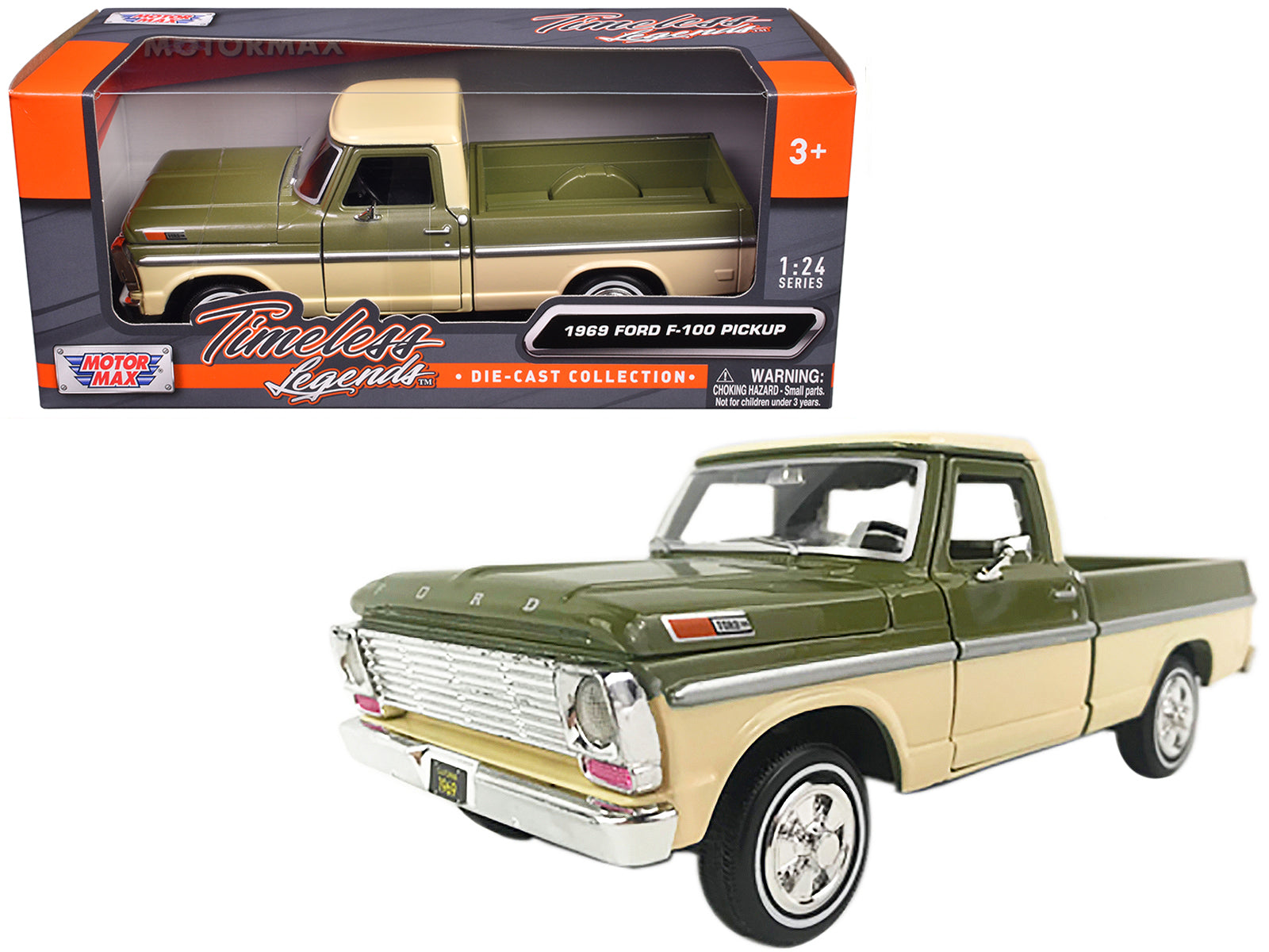 1969 Ford F-100 Pickup Truck Light Green and Cream 1/24 Diecast Model Car by Motormax