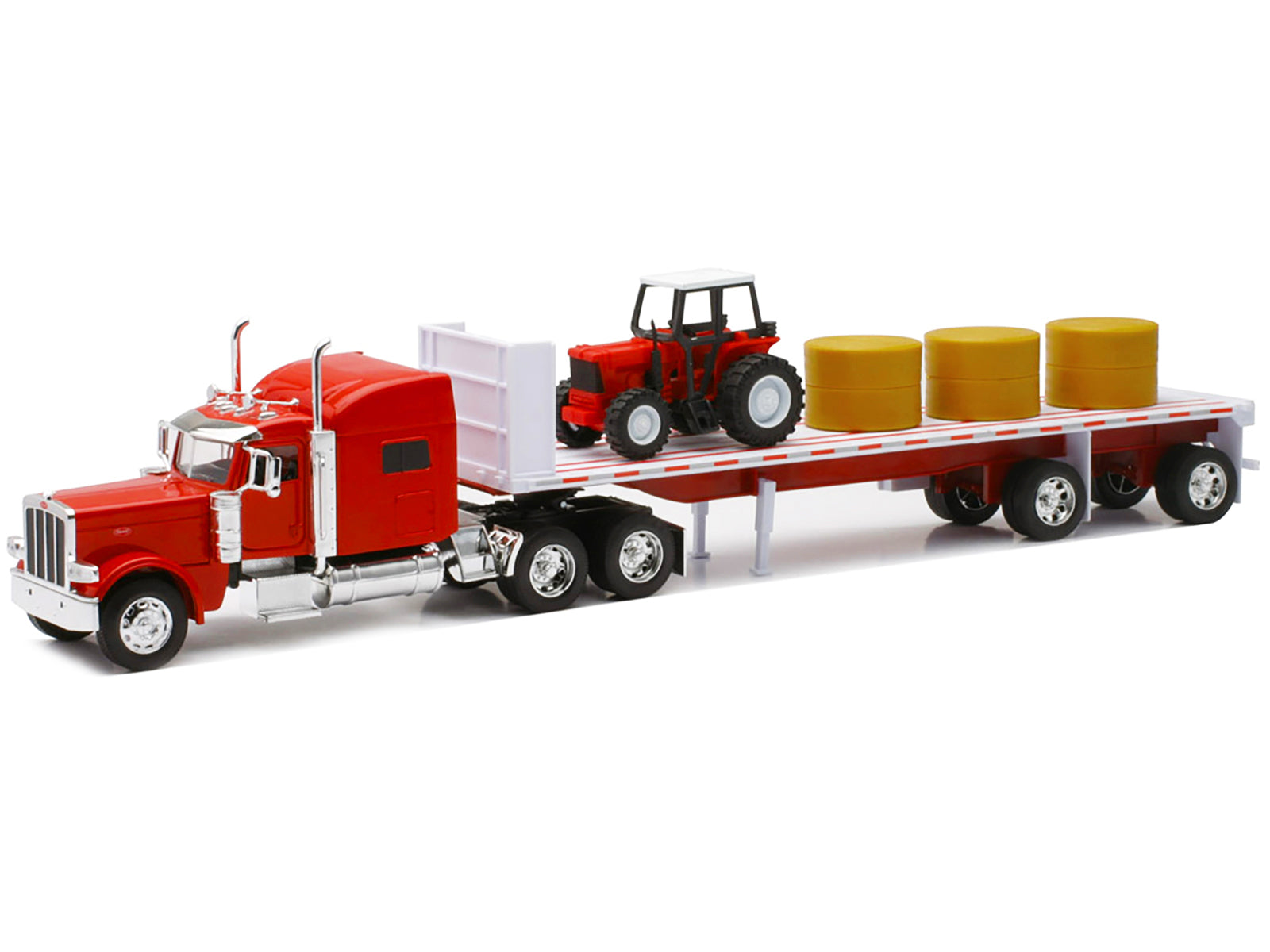 Peterbilt 389 Flatbed Truck Red with Farm Tractor Red and Hay Bales "Long Haul Trucker" Series 1/32 Diecast Model by New Ray