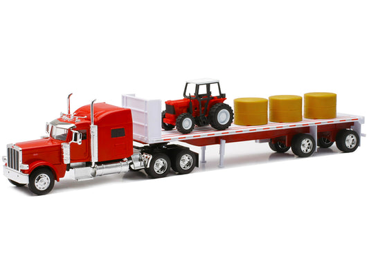 Peterbilt 389 Flatbed Truck Red with Farm Tractor Red and Hay Bales "Long Haul Trucker" Series 1/32 Diecast Model by New Ray