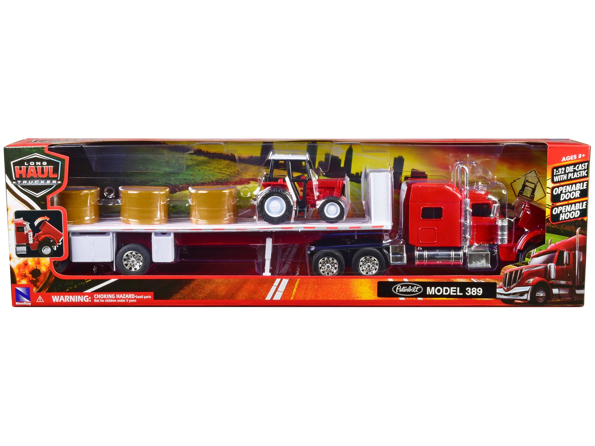 Peterbilt 389 Flatbed Truck Red with Farm Tractor Red and Hay Bales "Long Haul Trucker" Series 1/32 Diecast Model by New Ray