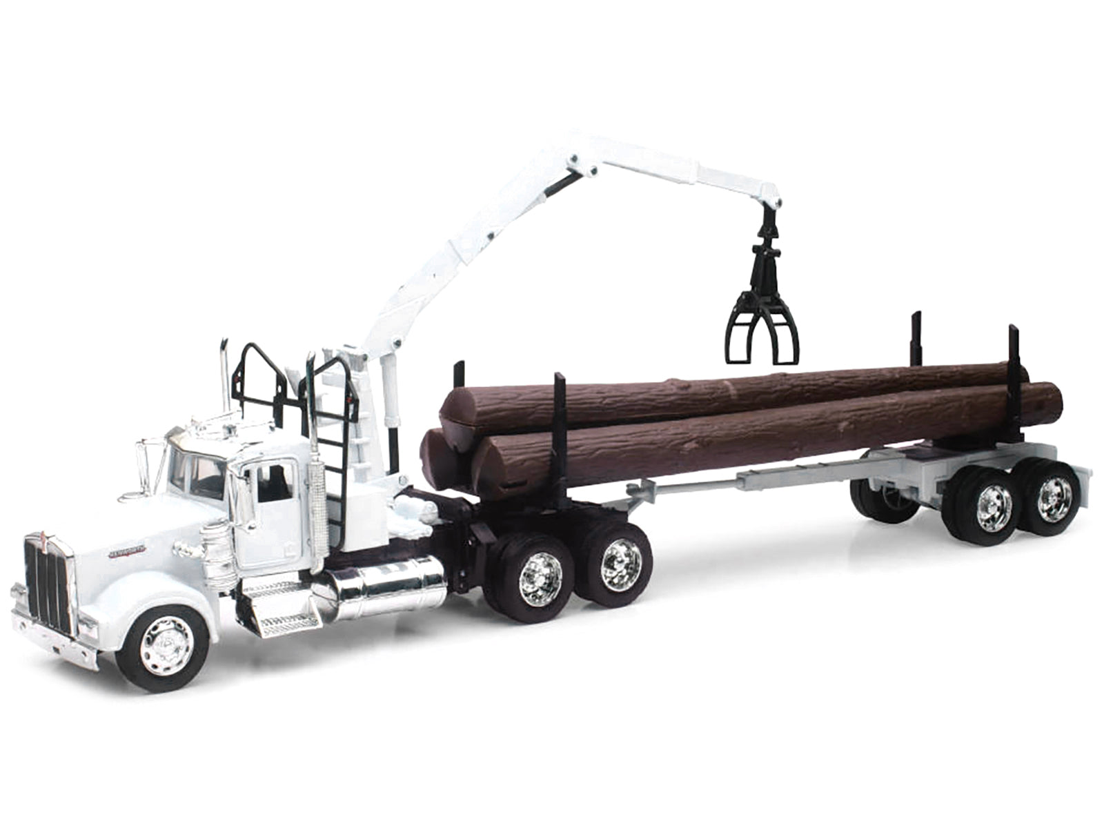 Kenworth W900 Log Hauler with Grabber White with Log Accessories "Long Haul Trucker" Series 1/32 Diecast Model by New Ray