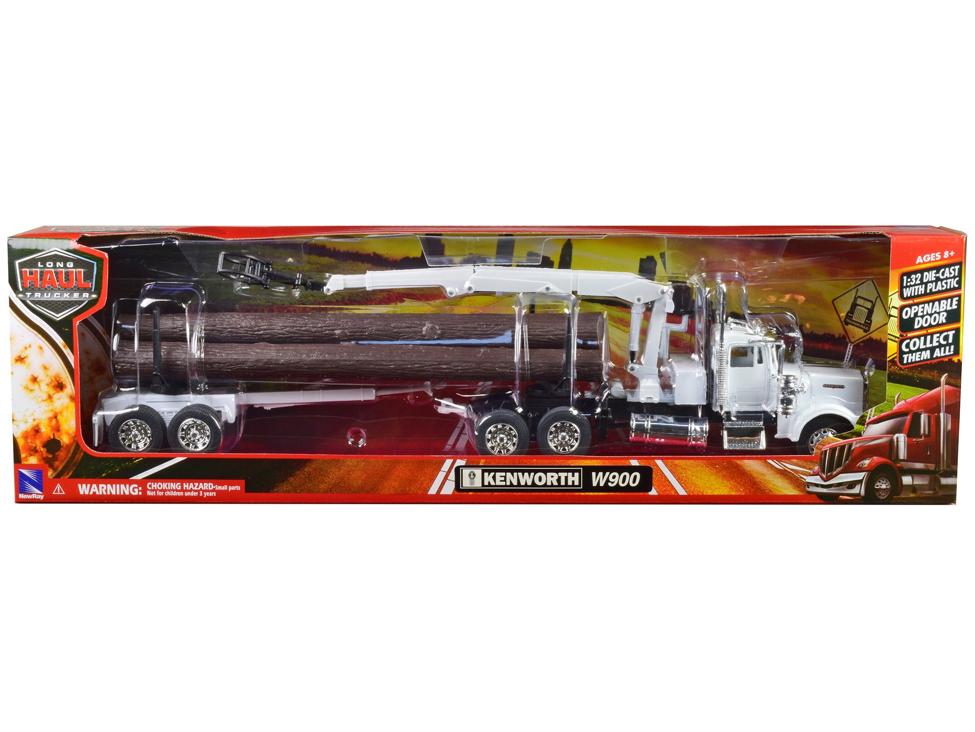 Kenworth W900 Log Hauler with Grabber White with Log Accessories "Long Haul Trucker" Series 1/32 Diecast Model by New Ray