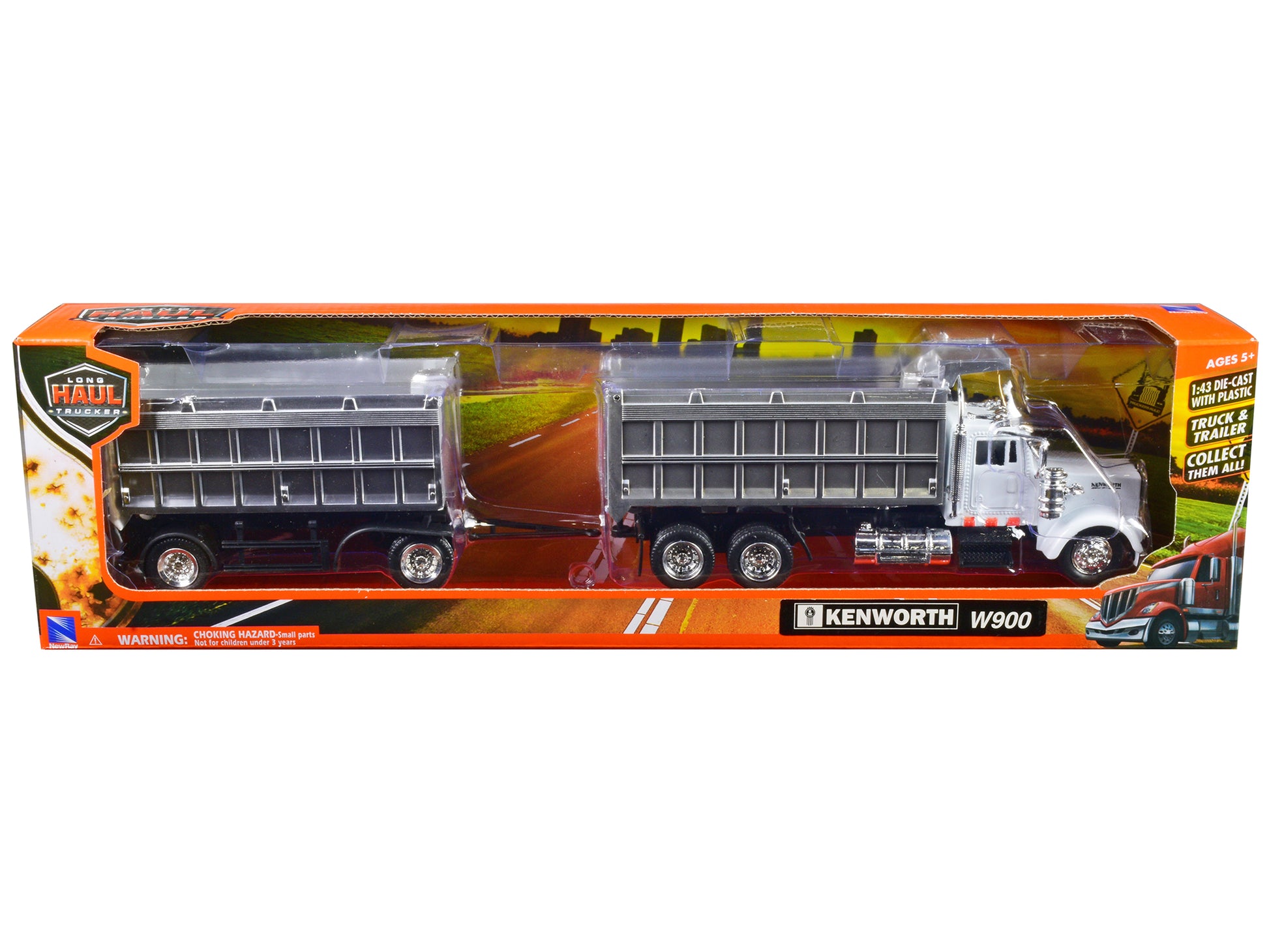 Kenworth W900 Dump Truck with Twin Dump Body White and Chrome "Long Haul Trucker" Series 1/43 Diecast Model by New Ray