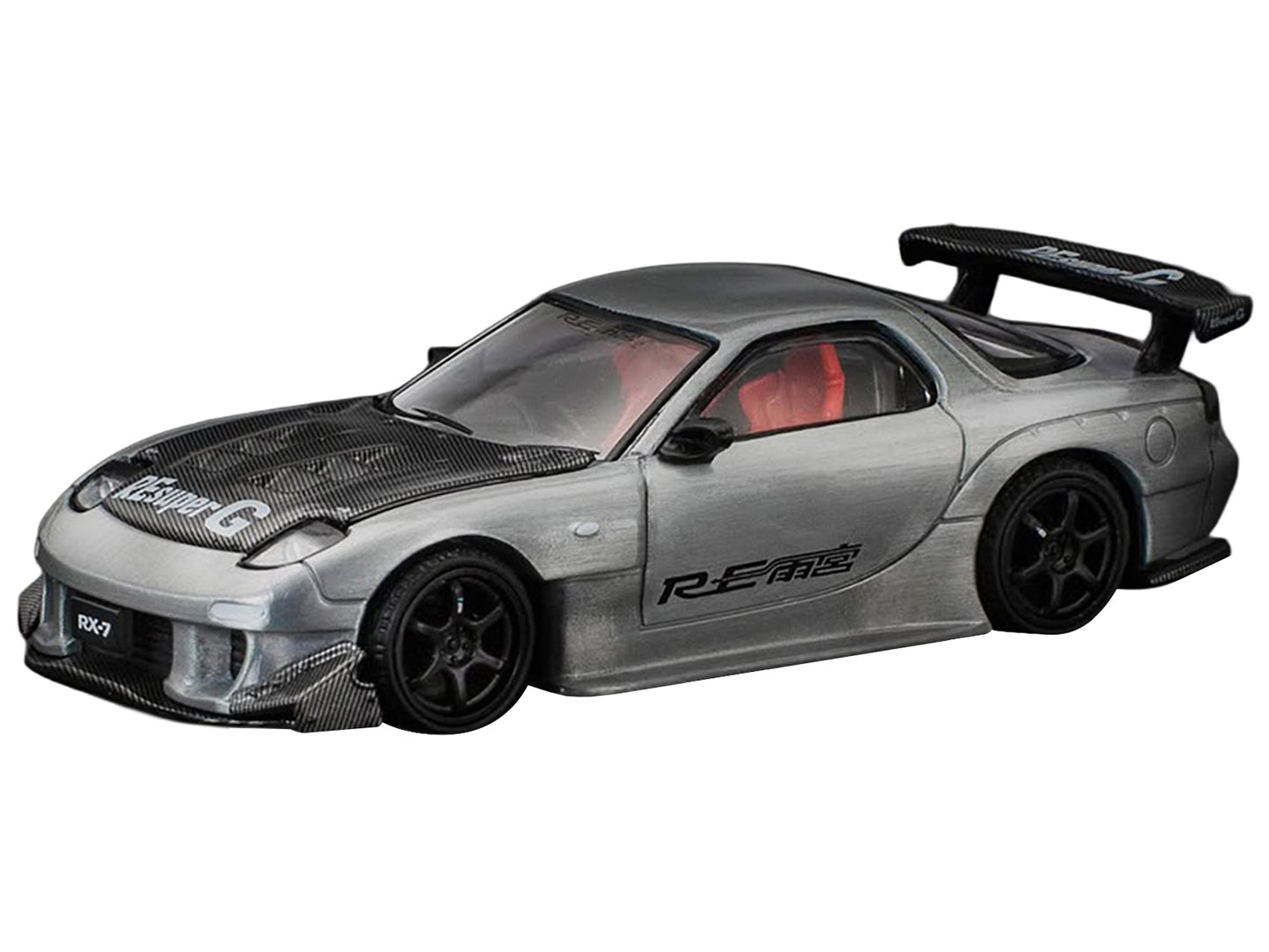 Mazda RX-7 RE-Amemiya RHD (Right Hand Drive) Silver Metallic with Carbon Hood "Japan Minicar a Gogo Exclusive" 1/64 Diecast Model Car by Pop Race