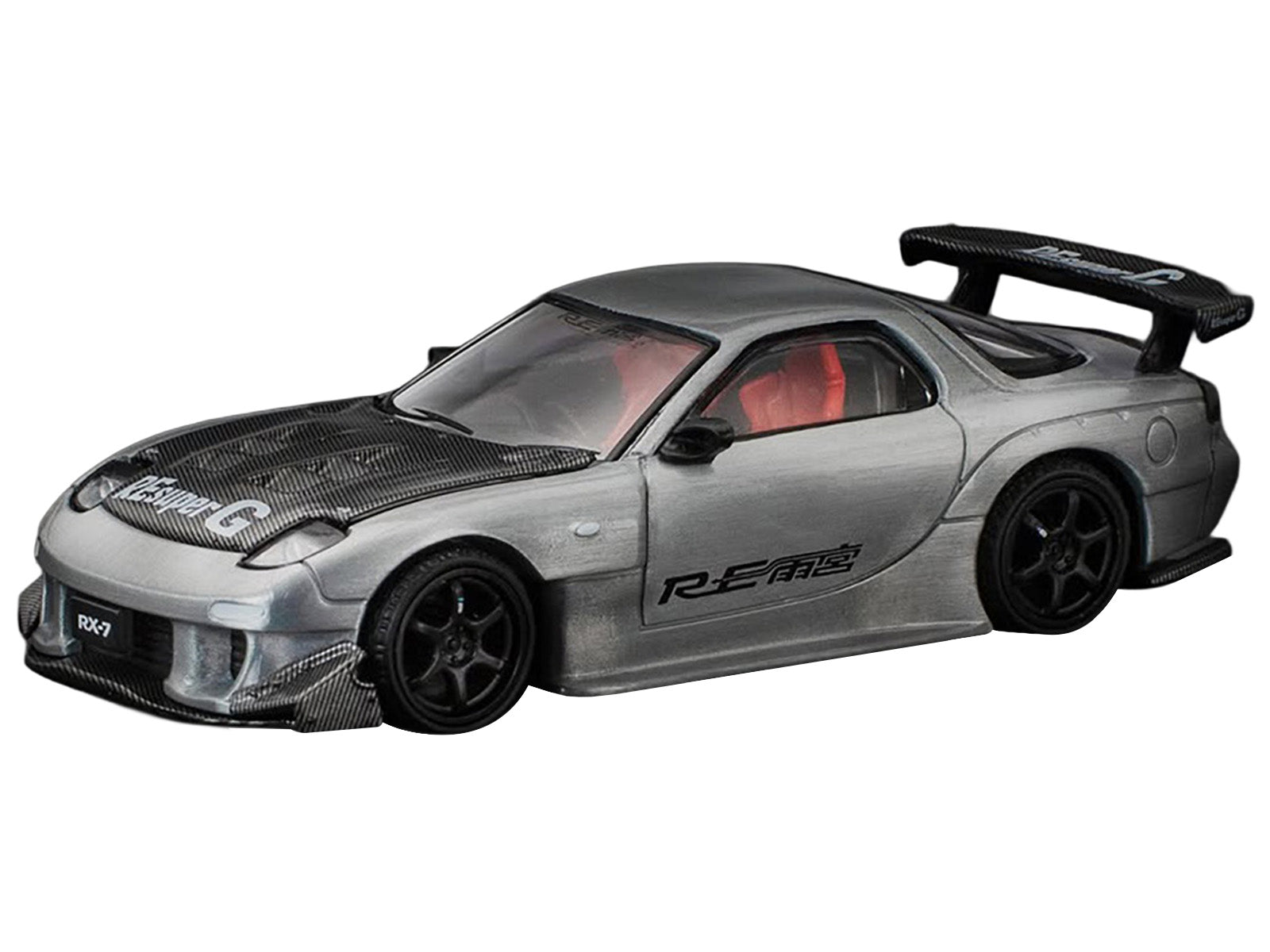 Mazda RX-7 RE-Amemiya RHD (Right Hand Drive) Silver Metallic with Carbon Hood "Japan Minicar a Gogo Exclusive" 1/64 Diecast Model Car by Pop Race