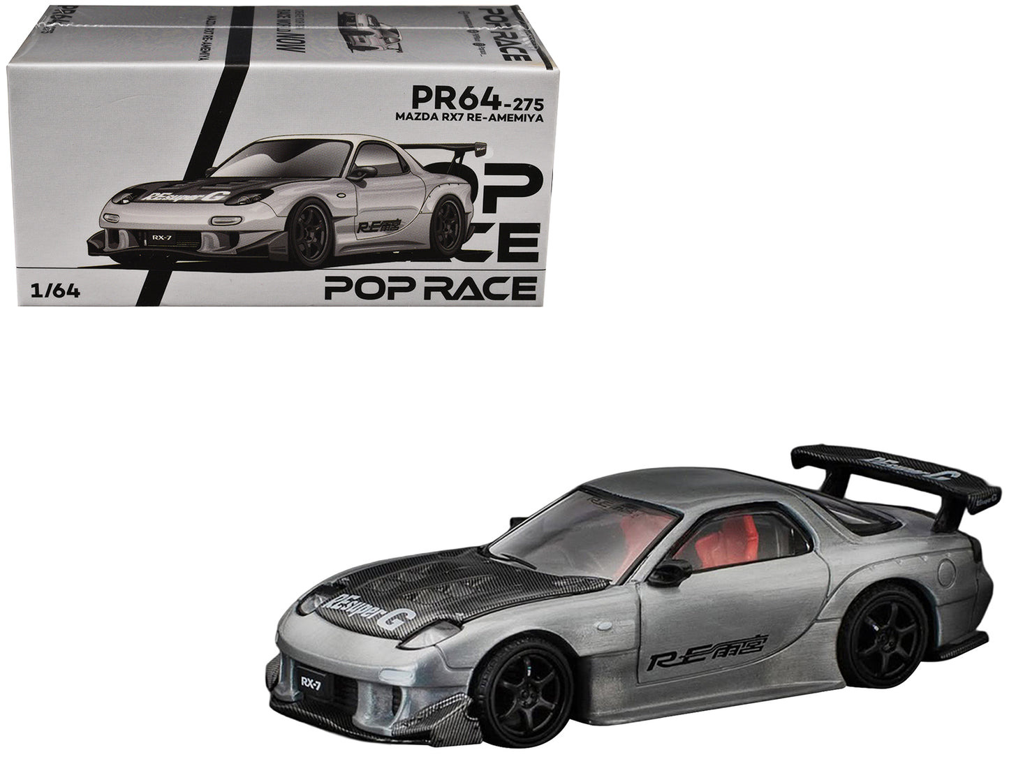 Mazda RX-7 RE-Amemiya RHD (Right Hand Drive) Silver Metallic with Carbon Hood "Japan Minicar a Gogo Exclusive" 1/64 Diecast Model Car by Pop Race