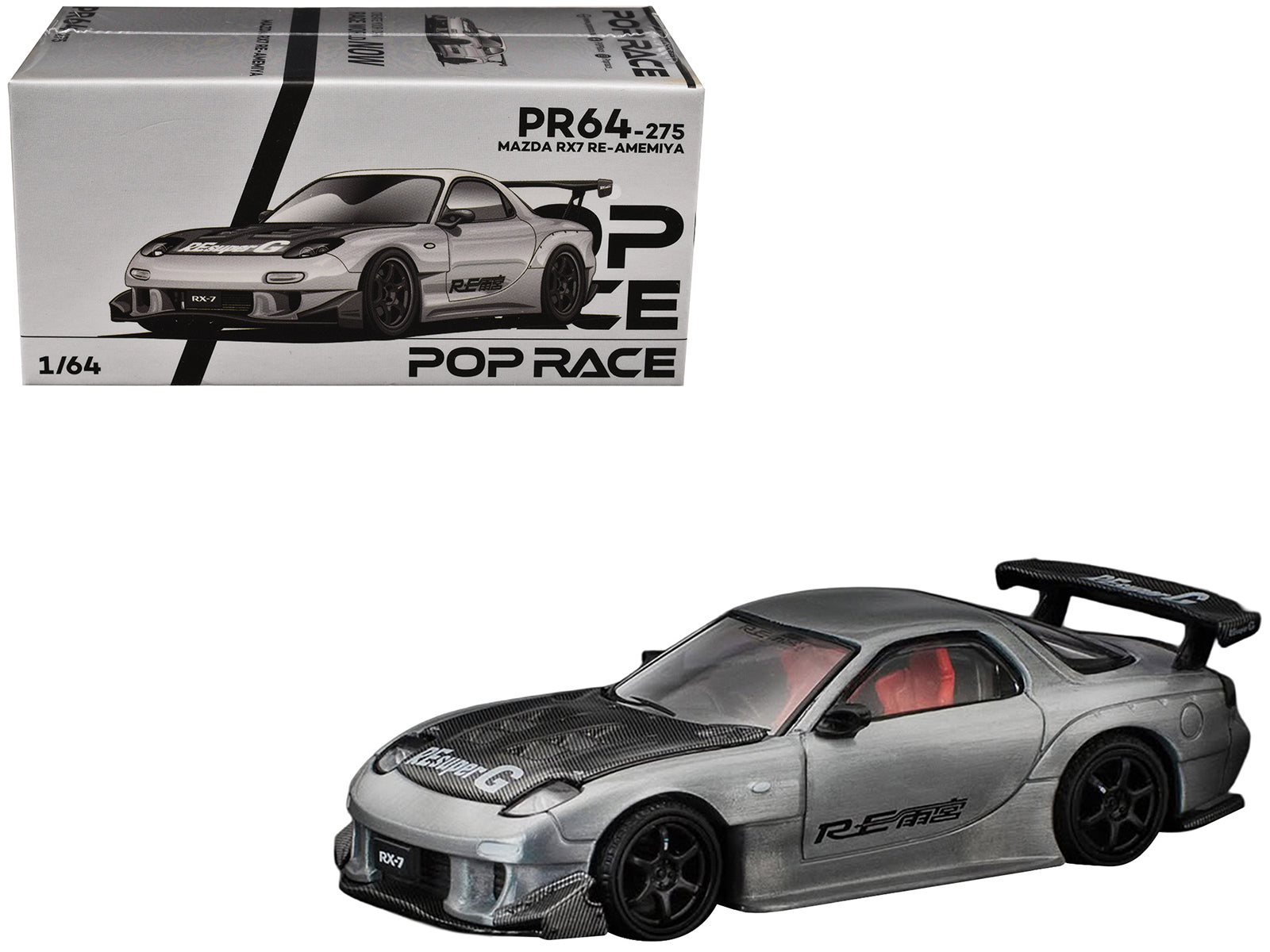 Mazda RX-7 RE-Amemiya RHD (Right Hand Drive) Silver Metallic with Carbon Hood "Japan Minicar a Gogo Exclusive" 1/64 Diecast Model Car by Pop Race