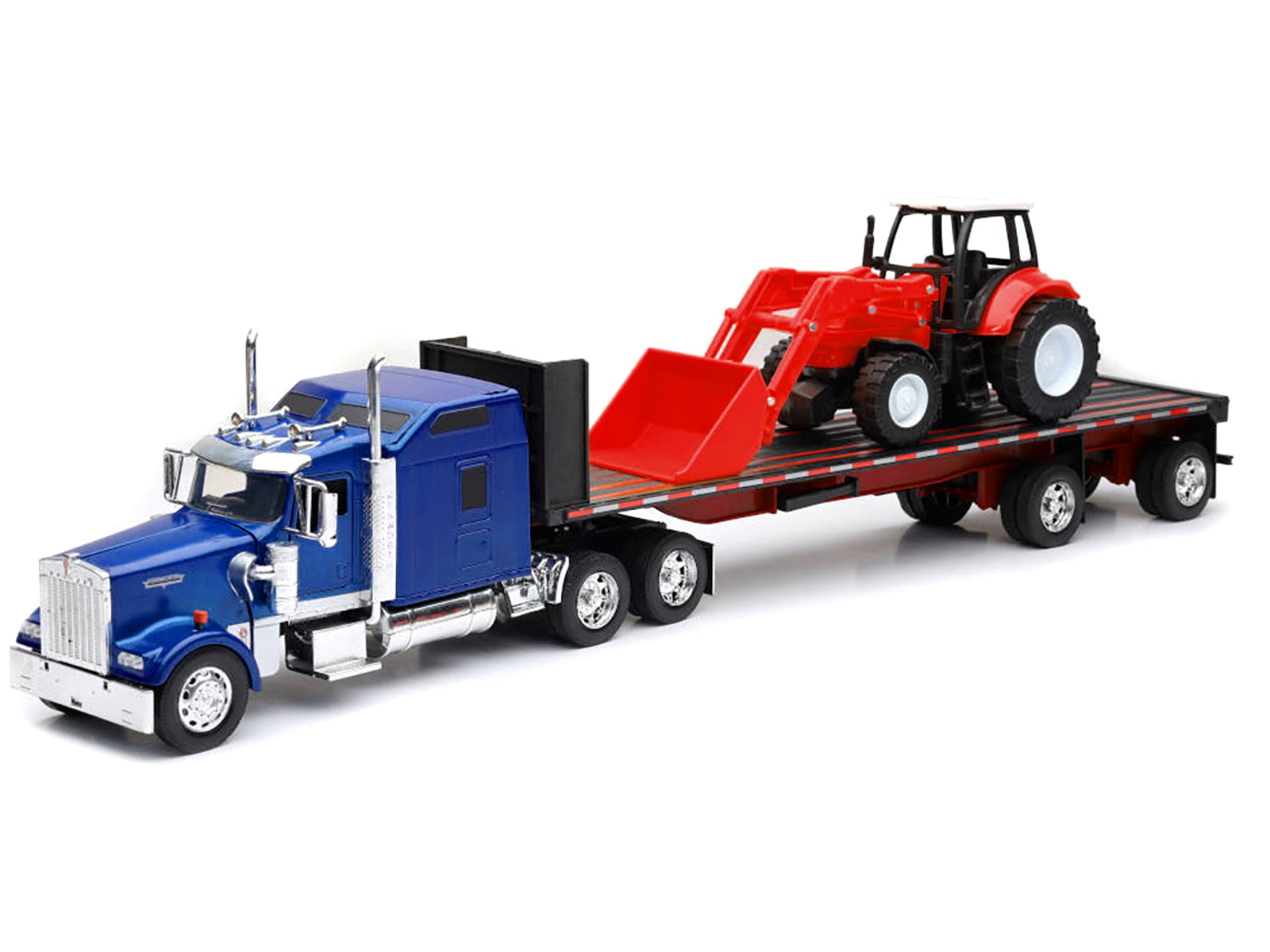 Kenworth W900 Truck with Flatbed Trailer Blue Metallic with Farm Tractor Red "Long Haul Truckers" Series 1/32 Diecast Model by New Ray