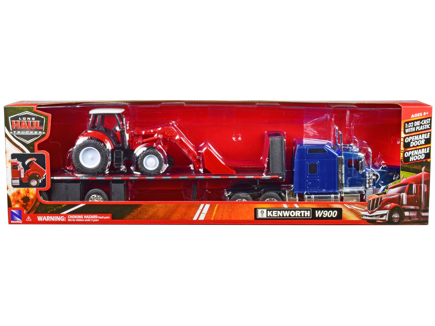 Kenworth W900 Truck with Flatbed Trailer Blue Metallic with Farm Tractor Red "Long Haul Truckers" Series 1/32 Diecast Model by New Ray